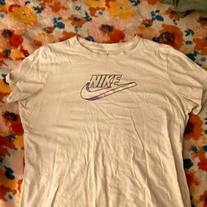 Plain white Nike Tee with purple ombré check.
